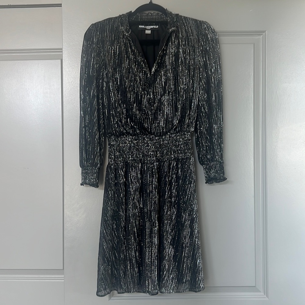 Karl Lagerfeld Paris Metallic Smocked-Waist A-Line Dress size 4 - Picture 3 of 8